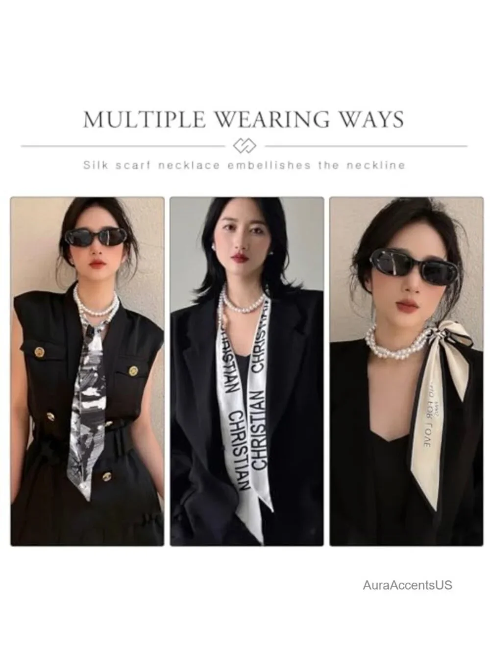 Silk Scarf Necklace Women Narrow Long Neckerchief Pearl Necklace Flower Stripe